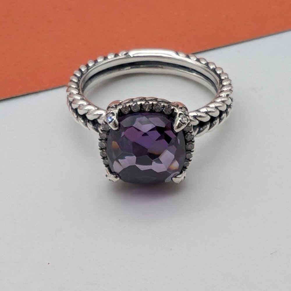 DAVID YURMAN Chatelaine 9mm Amethyst Ring Diamonds Sterling Silver size 6.5 - Picture 3 of 7